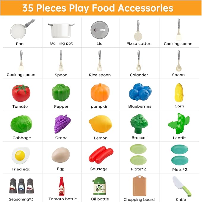 35Pcs Kids Kitchen Toy Accessories, Toddler Pretend Cooking Playset with Play Pots and Pans, Utensils Cookware Toys, Play Food Set, Toy Vegetables, Learning Gift for Girls Boys (White)