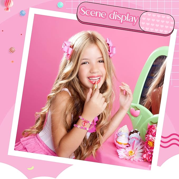 6 PCS Valentine's Day Girls Beaded Bracelets Cute Chunky Bubblegum Bracelets Heart Pendant Crystal Beaded Bracelet for Birthday Photo Props Costume Party Favors, Pink and Red