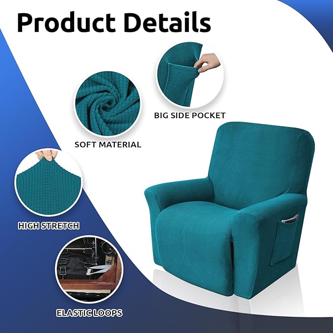 KEKUOU Recliner Chair Covers,Lazy Boy Recliner Covers Stretch Couch Cover Slipcovers 1 Piece Furniture Protector with Elastic Bottom for Kid,Dog(Recliner,Peacock Blue)