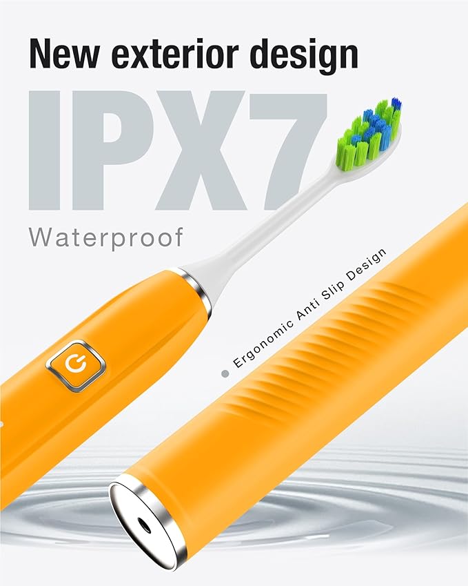 7AM2M Sonic Electric Toothbrush with 6 Brush Heads for Adults and Kids, One Charge for 90 Days, Wireless Fast Charge, 5 Modes with 2 Minutes Built in Smart Timer, Electric Toothbrushes(Orange)