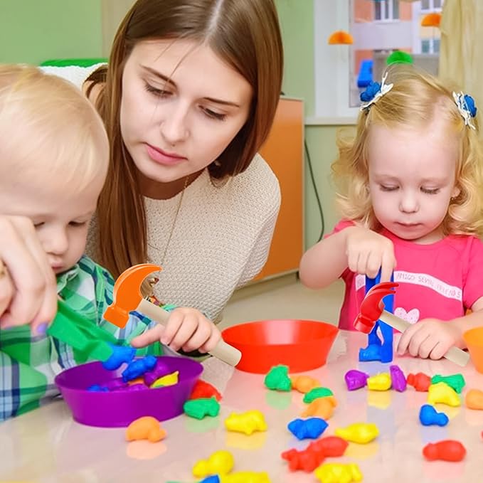 2 Pack Wooden Hammer Toys Simulation Hammers Maintenance Tools Educational Toys for Kids Birthday Party Games Supplies (Red + Orange)