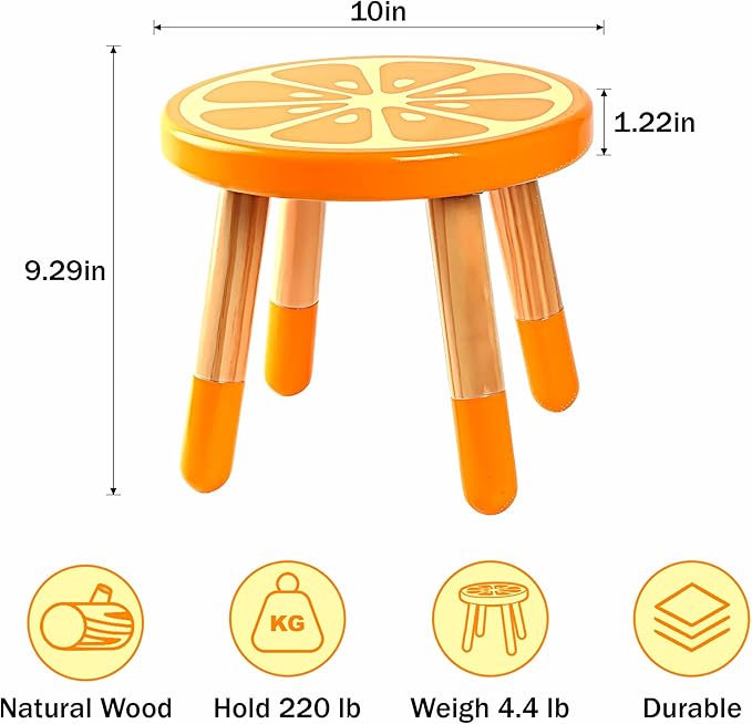 RUYU Wooden Kids Stool for Sitting, Solid Hard Wood Fruit Stool, 10 Inch Milking Stool, Vanity Stool for Kids, Bedroom, Playroom, Orange Furniture Stool for Children, Adults Boys, Girls