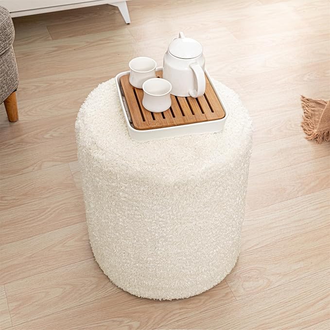 Round Ottoman Soft Chair 14.6x14.6x18 Inches Boucle Ottoman Multifunctional Ottoman Foot Rest Fluffy Fur Ottoman Stool Pouf Footrest Stool for Living Room Bedroom (Cream)