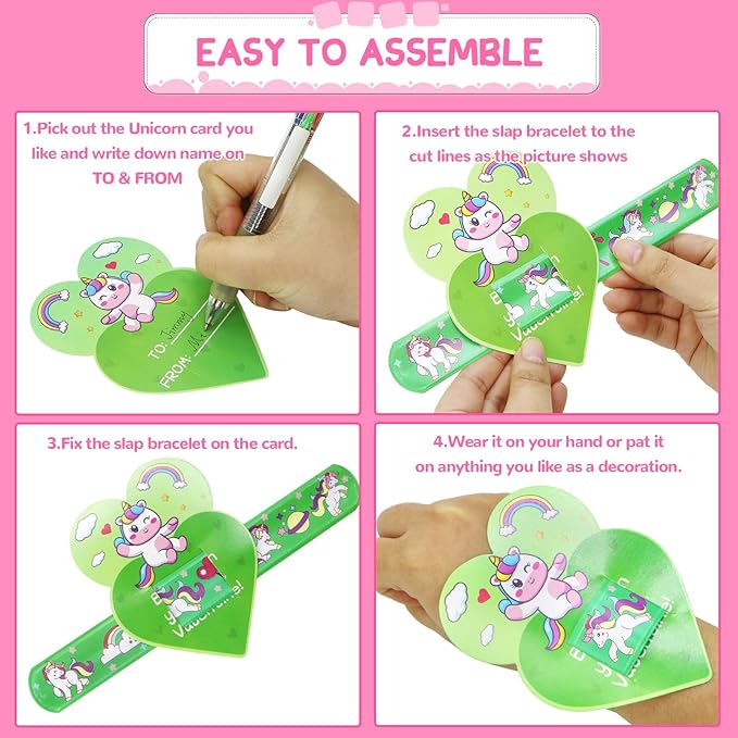 30 Pack Valentines Day Gifts for Kids, Unicorn Slap Bracelets Party Favor Set with Valentines Greeting Cards for Kids, Valentine's Day School Prize Party Favor, Classroom Exchange Gift