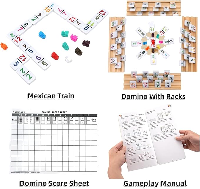 Mexican Train Dominoes Set with Numbers and 8 Wooden Racks,Double 12 Dominos Set for Kids, Adults Travel Domino Train Set with 91 Colored Tiles and Upgrated Hub, Classic Board Games for Family Night