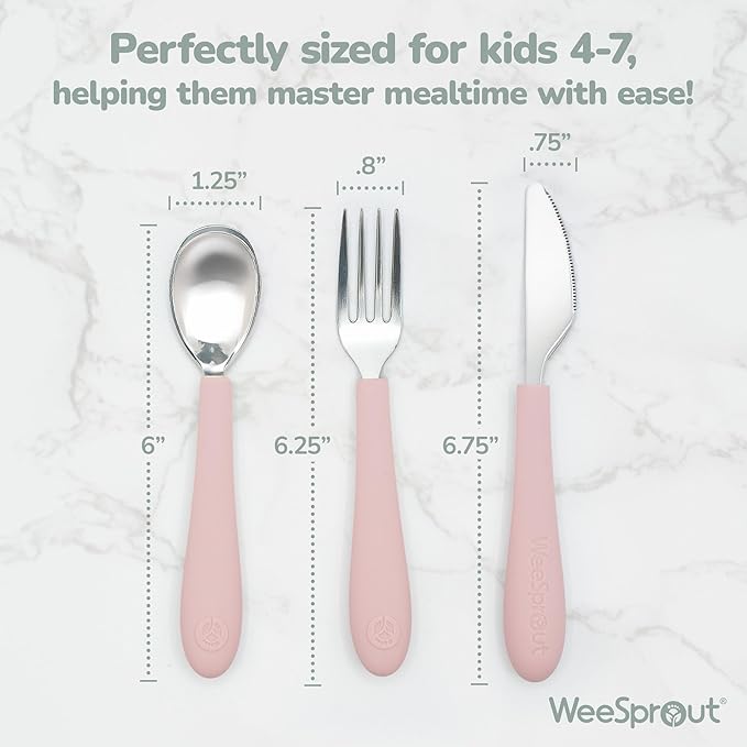 Kids Stainless Steel Utensils Set - Premium 18/8 Grade Silverware Kit - 2 Spoons, 2 Forks, and 2 Knives for Ages 4-7 - Silicone Easy-Grip Handles - Children Flatware Cutlery (Matte - Green, Blue)