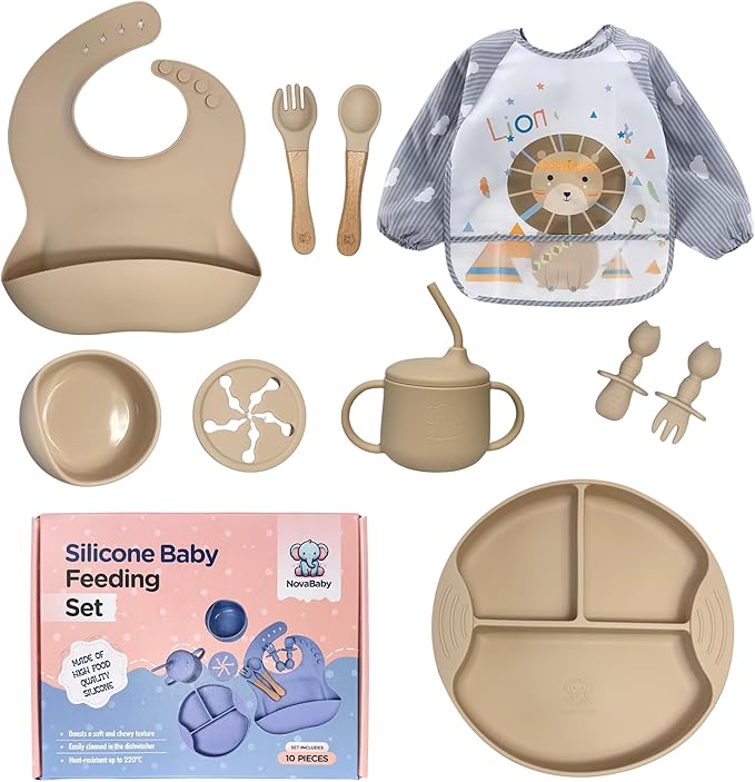 Silicone Baby Feeding Set, Eating Utensils with Suction Plate and Bowl, Baby Led Weaning Supplies, Toddler Self Feeding Dish Set with Waterproof Full Sleeve Bib, Spoon, 10pcs (Beige)