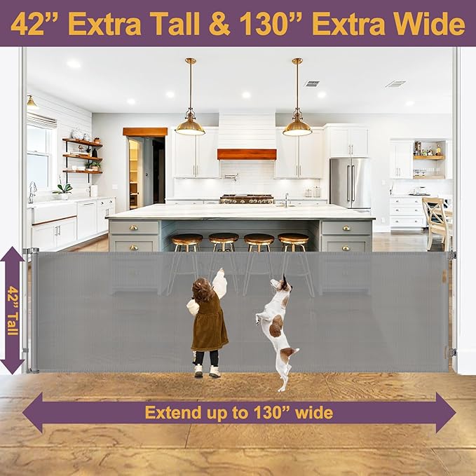 42" Tall X 130" Extra Wide Retractable Dog Gates for Large Openings Extra Tall Pet Gate for Doorways Tall Baby Gates for Dogs Extra Large Mesh Gate Long Outdoor Gate Tall Gate for Kids or Pets, Gray