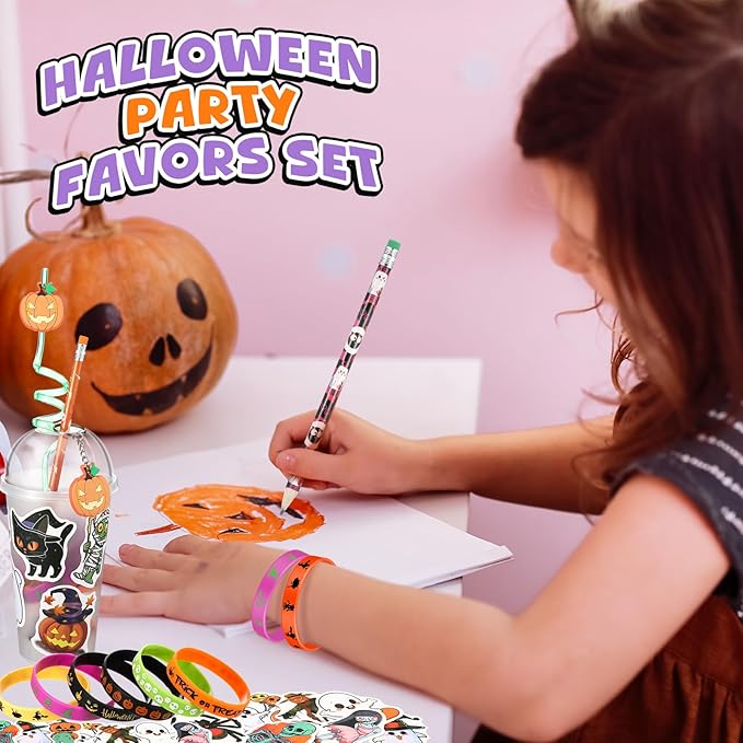 24 Set Halloween Party Favors Gift Cups Filler for Students, Halloween Goodie Bag Fillers, Halloween Treats Non Candy, Halloween Keychain Pencil Straw Silicone Bracelet for Classroom Gifts