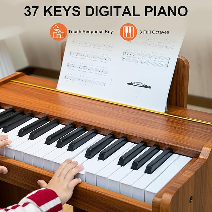 Kids Piano Keyboard, 37 Keys Digital Piano, Toddler Piano for Kids, Mini Baby Piano Toy, Kids Musical Instruments Sets, Wood Piano keyboard for kids Ages 3+,Brown