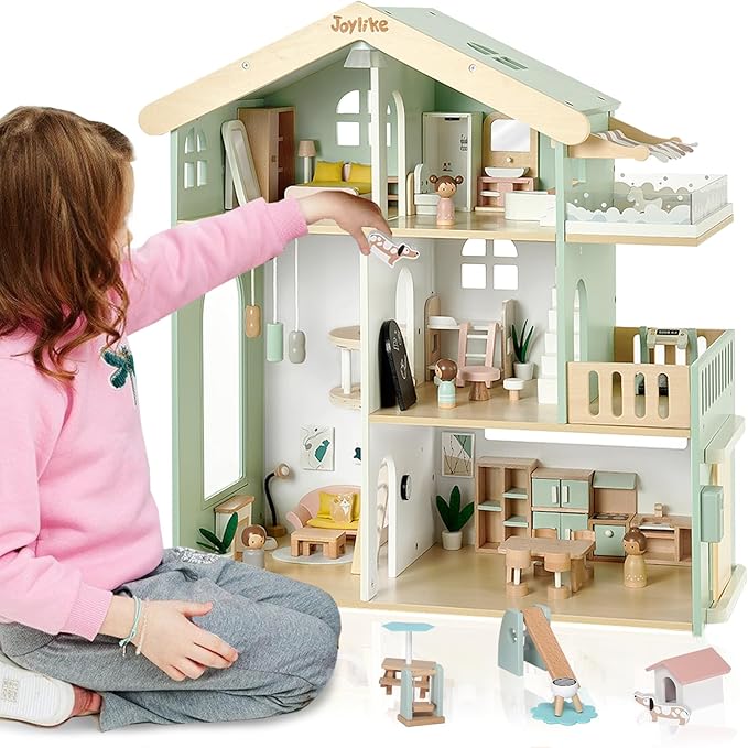 Wooden Dollhouse for Kids, Family Dollhouse with 53PCS Including Toy Figures, Furniture and Accessories, Ideal Gift for Kids Ages 3+