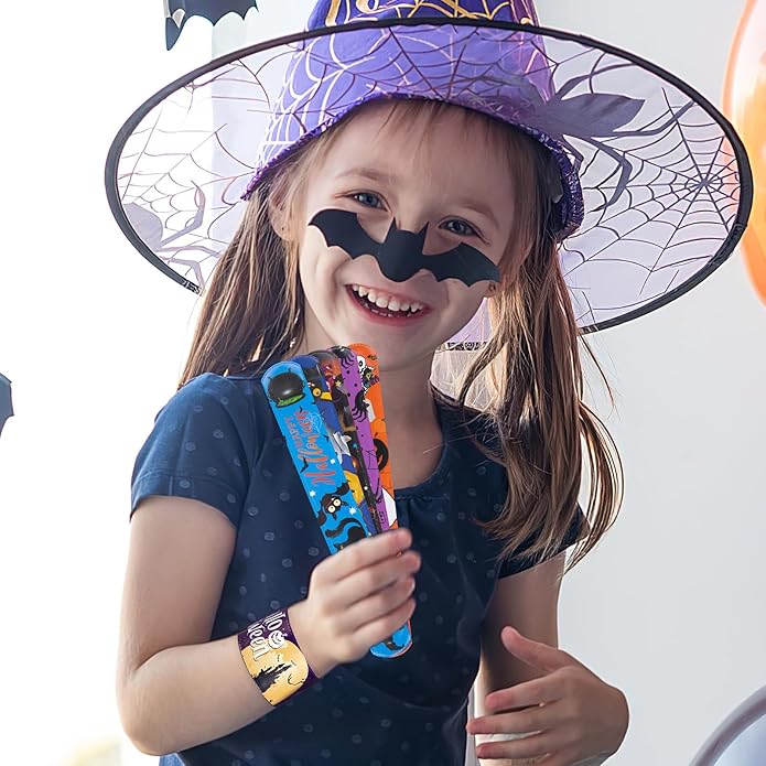 AMOR PRESENT 64PCS Slap Bracelets Bulk, Halloween Slap Bracelets for Kids Snap Wrist Bands for Party Favors Goodie Bags Trick Or Treat Toys