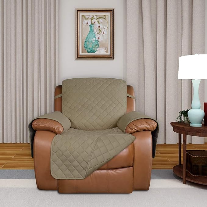 PureFit Reversible Quilted Sofa Cover, Water Resistant Slipcover Furniture Protector, Washable Couch Cover with Non Slip and Elastic Straps for Kids, Dogs, Pets (Oversized Recliner, Beige/Beige)