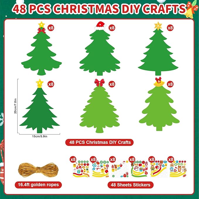 48Pcs DIY Christmas Tree Craft Kit for Kids, Holiday Art Making Craft with Stickers, Make Your Own Christmas Bookmark Xmas Party Favor Decorations Classroom Home Game Activities (Christmas Tree)