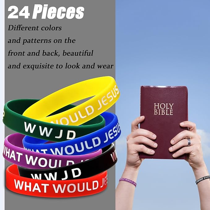 24 Pieces WWJD Bracelets What Would Jesus Do Bracelets Rubber Colorful WWJD Silicone Wristbands for Fundraiser Church Events Party Favors