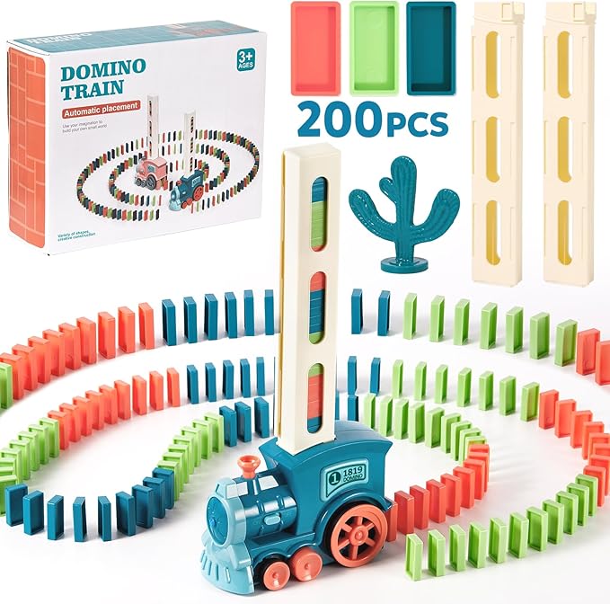 200 PCS Domino Train Toy Set, Automatic Dominos Train for Kids Boys Girls, Electric Dominoes Machine Train Toy Set with Sounds, Birthday Easter Gifts for Kids Ages 4-6-8 Games Family Games