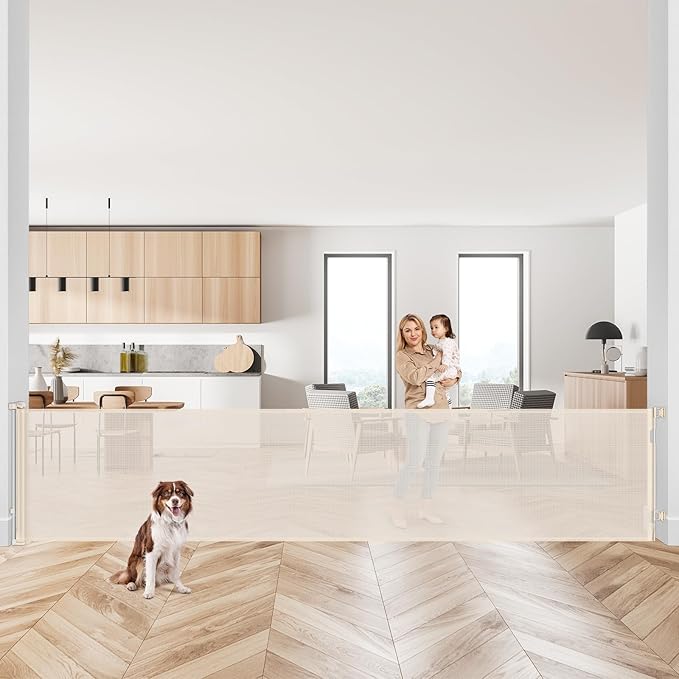 145 Inch Retractable Baby Gates Extra Wide Retractable Dog Gate for Large Openings – Indoor Extra Long Baby Gate Retractable Fence Outdoor Mesh Baby Gate Retractable Pet Gate Long Dog Gate, Beige