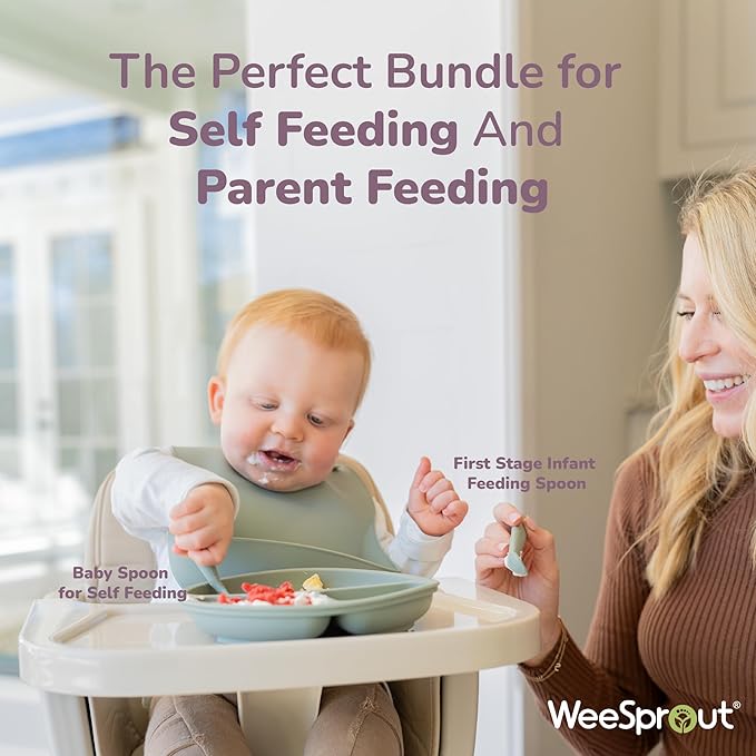 WeeSprout Baby Led Weaning Bundle, Silicone Suction Bowl, Spoons, Bib & Cup, Develops Self Feeding Skills, Dishwasher Safe (Confetti)