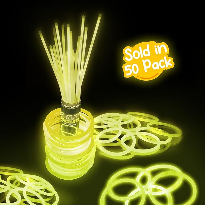 8" Glow Stick Bracelets - Bulk 50 Pack for Mardi Gras, St. Patrick's Day, and Nighttime Celebrations - Yellow