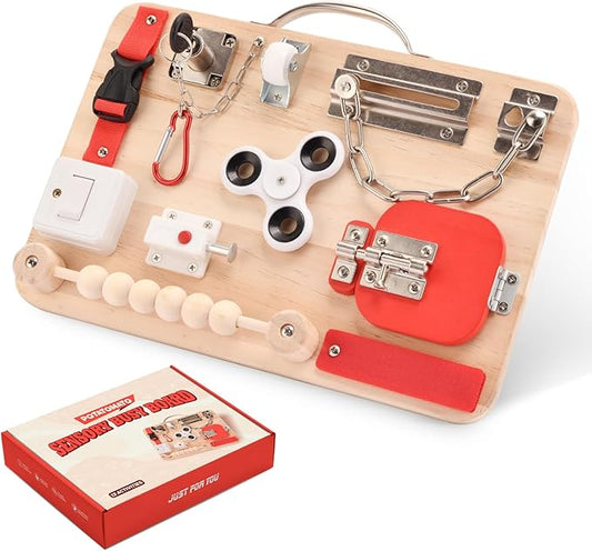 Potatomato Montessori Busy Board for Toddlers - Wooden Educational Fidget Toys - Autism Sensory Products - Activity Board for Kids Baby Boys Girls, ADHD- Fine Motor Kids Travel Toys