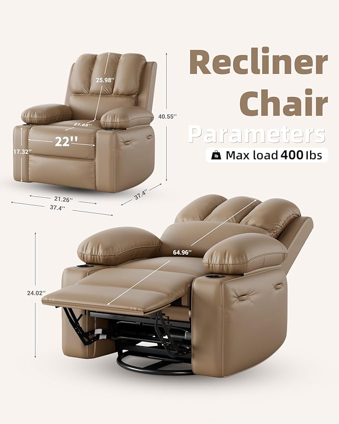 22'' Leather Recliner Chair for Adults, Overstuffed Manual Recliner Chair, Single Sofa with Cup Holder and Side Pockets, Upholstered Chair for Living Rooms, Tan
