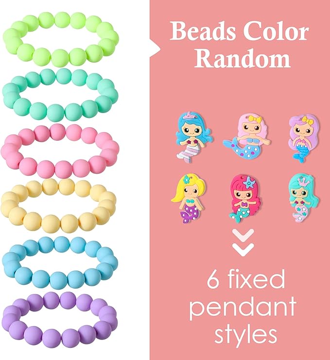 6 Pieces Mermaid Beaded Bracelets for Girls, Silicone Mermaid Pendant Bracelet Kids Jewelry Bracelets Set Princess Dress up Party Favor Gift (random colors)