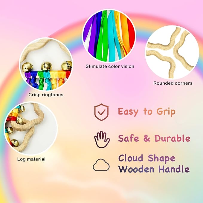 2pcs Baby Natural Wood Bracelet with Bell Rainbow Ribbon Sensory Toy- The Best Sensory Toys for Audiovisual and Motor Development, Encourages Parent-Child Interaction, for Babies Aged 3-24 Months