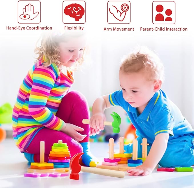 2 Pack Wooden Hammer Toys Simulation Hammers Maintenance Tools Educational Toys for Kids Birthday Party Games Supplies (Red + Green)