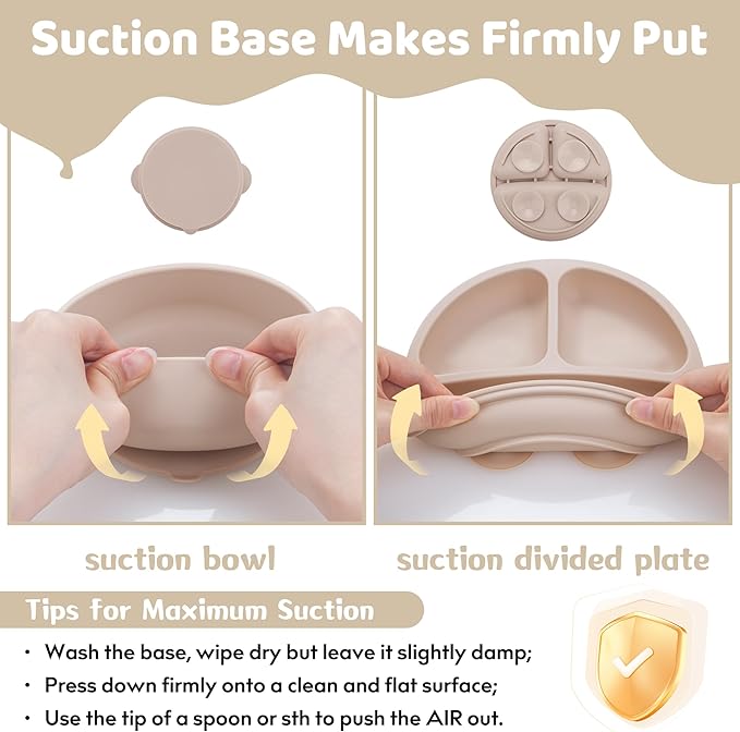 Silicone Baby Feeding Set, Baby Led Weaning Supplies, Eating Essentials Utensils with Suction Plate and Bowl, Pocket Bib, Sippy Cup with Lid, Forks Spoons Snack Container, for 6+ Months, Beige