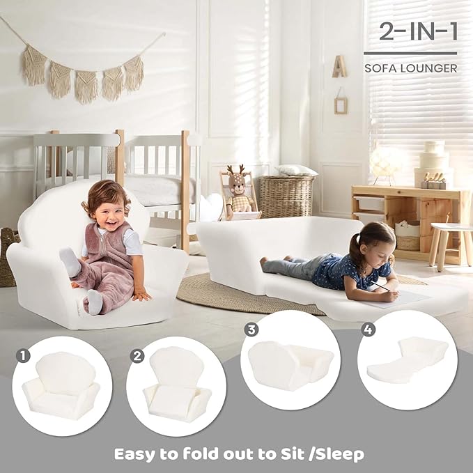 COSYLAND Kids Sofa for Toddler, 2-in-1 Folding and Expandable Soft Chair Bed Toddlers,Convertible Sofa to Lounger Sleeper Chair Bed for Girls and Boys,Wool White