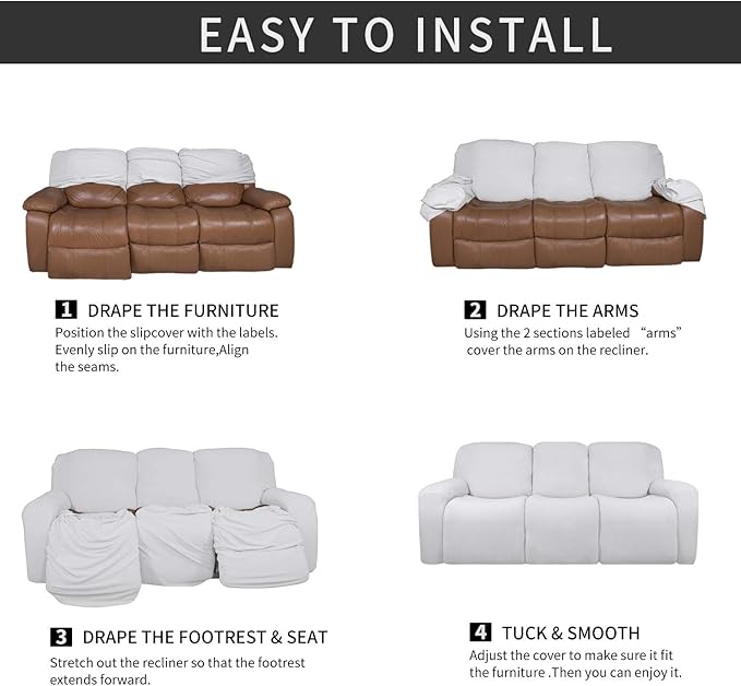 Easy-Going 8 Pieces Microfiber Stretch Sectional Recliner Sofa Slipcover Soft Fitted Fleece 3 Seats Couch Cover Washable Furniture Protector with Elasticity for Kids Pet(Recliner Sofa, Snow White)