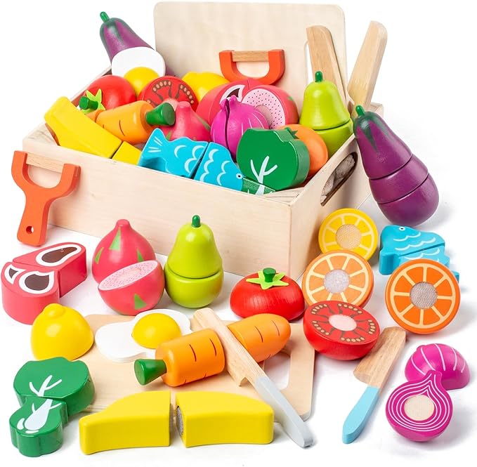 32 Pcs Wooden Play Food Sets for Kids Kitchen Accessories, Montessori Educational Toys Food, Pretend Play Food for Toddlers, Velcro Fruits and Vegetables Cutting Set for Kids Boys Girls