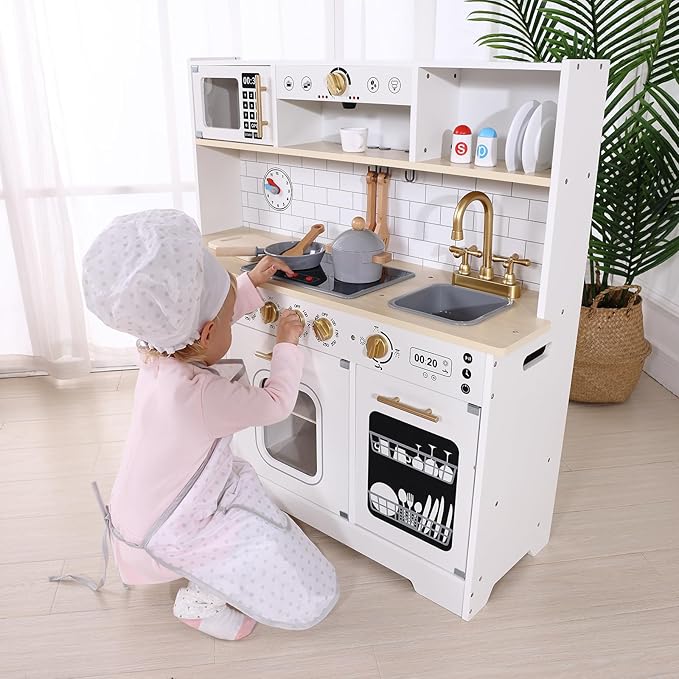 Kids Play Kitchen Set, Kitchen Set for Kids with Plenty of Play Features, Sink, Oven, Stove, Dishwasher, Coffee Maker, Ice Maker and Microwave, Play Kitchen Sets for Kids Ages 4-8.