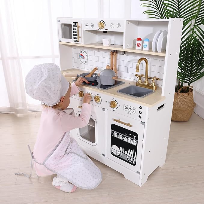 Kids Play Kitchen Set, Kitchen Set for Kids with Plenty of Play Features, Sink, Oven, Stove, Dishwasher, Coffee Maker, Ice Maker and Microwave, Play Kitchen Sets for Kids Ages 4-8.