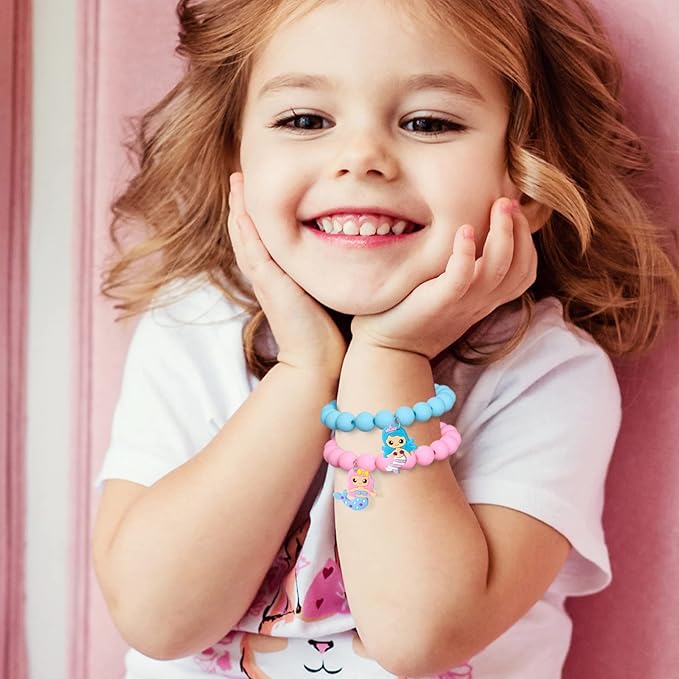 6 Pieces Mermaid Beaded Bracelets for Girls, Silicone Mermaid Pendant Bracelet Kids Jewelry Bracelets Set Princess Dress up Party Favor Gift (random colors)