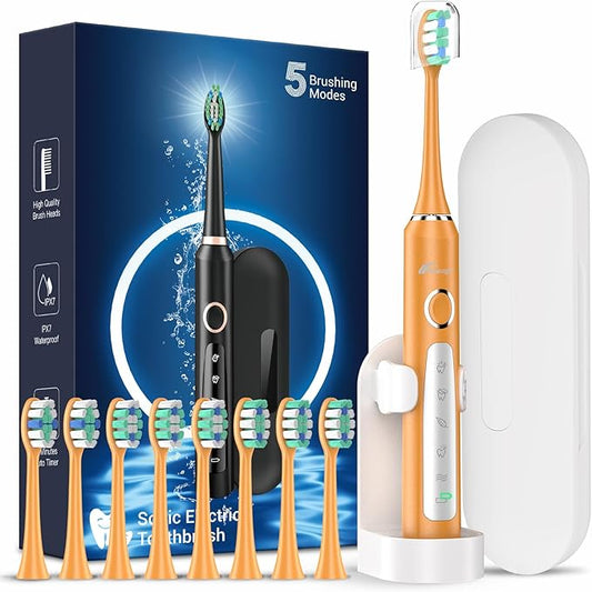 Rtauys M5 Sonic Electric Toothbrush for Adults and Kids - Rechargeable Electric Toothbrush Kids Ages 12+ and Adults with 8 Brush Heads & Travel Case, 120 Days Battery Life - Orange