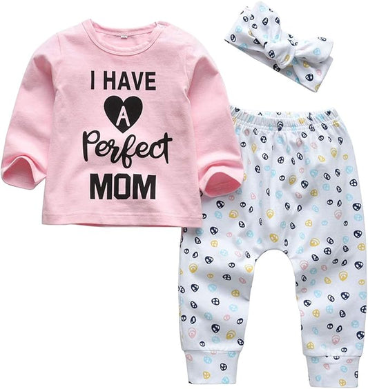 KuKitty 3Pcs Baby Girl Outfits Set Long Sleeve T-Shirt Tops Flowers Pants with Headband