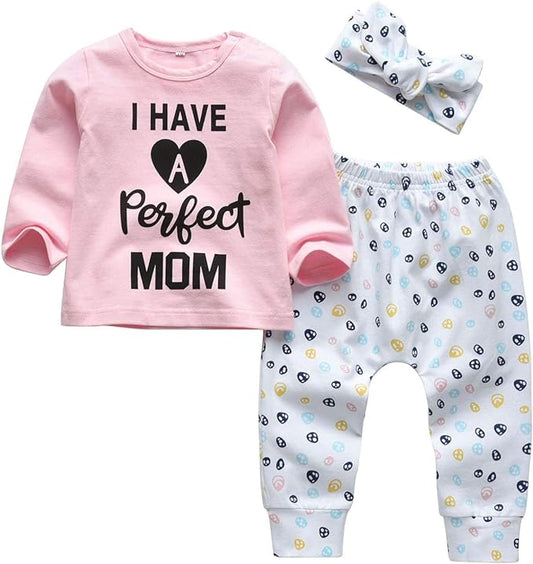 KuKitty 3Pcs Baby Girl Outfits Set Long Sleeve T-Shirt Tops Flowers Pants with Headband