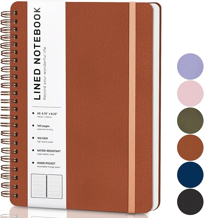 ABERLLS Brown Lined Spiral Journal Notebook with 160 Pages, 8×5.7in, A5 Spiral Notebook, Journaling Notebooks for Work, School, Women, Men, College Ruled Spiral Notebook, Hardcover Leather Journals
