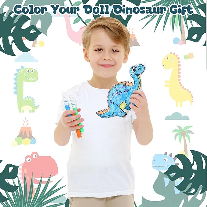 4 Sets Boys Girls Doodle Dolls, Color Your Own Dinosaur Gift Set 4 Coloring Plush Toy Washable Stuffed Animal Drawing DIY Crafts Art 48 Watercolor Pens for Boys Girls 4-10 Years Old