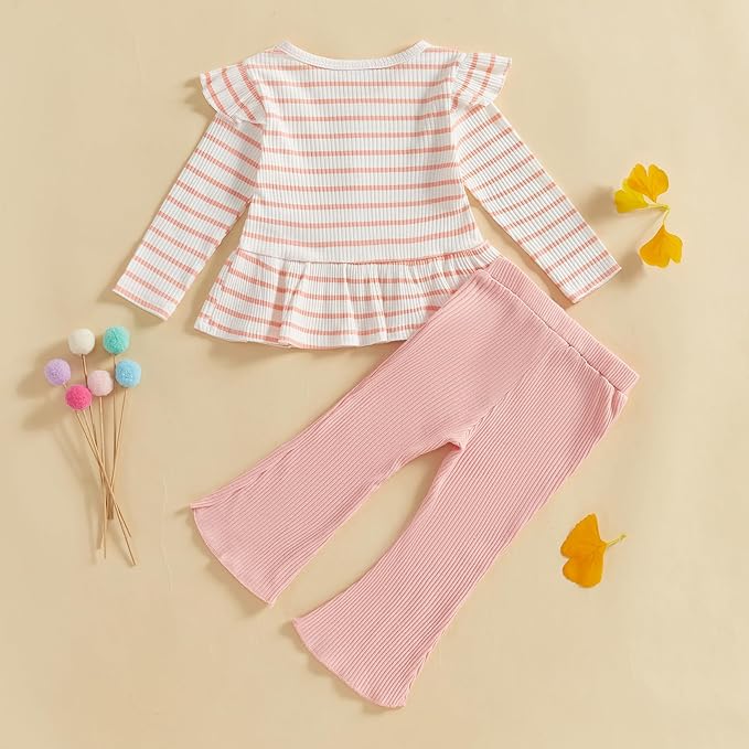 Mubineo Toddler Baby Girl Clothes Cute Ribbed Outfits Knit Long Sleeve Shirt Tops Bell Bottom Pant Fall Winter Outfit