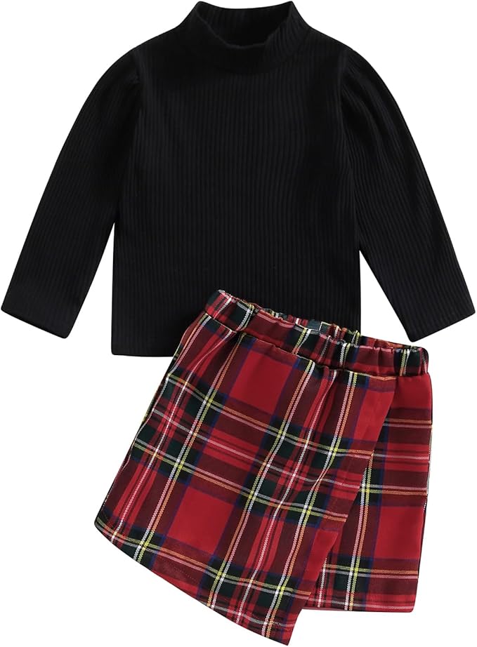 Fernvia Toddler Baby Girl Fall Winter Skirt Set Turtleneck Ribbed Long Sleeve T-Shirt Top & Plaid Skirts Dress 2Pcs Outfits