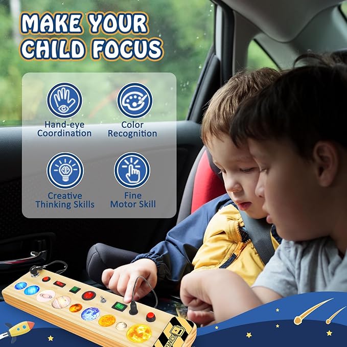 Solar System Busy Board Montessori Toys for Toddler, Wooden Sensory Board Switch Space Toy LED Light Up Travel Toys Educational Plane Travel Activity for Year Old Girls & Boys Gifts