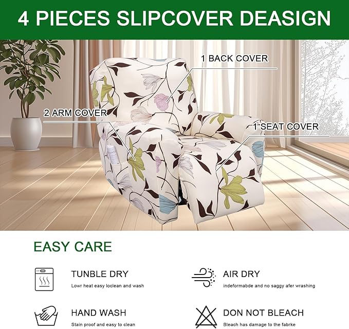 FUANGUI Recliner Chair Cover 4-Pieces Lazyboy Cover for Recliner Chair with Storage Pockets Furniture Protector for Living Room, Jacquard Sofa Slipcover for Kids, Pets, Dog and Cat, 14