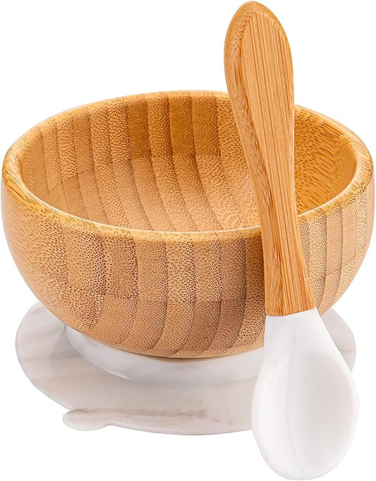 Baby Bamboo Bowls with Suction and Matching Spoon Set, 3 Piece Feeding Supplies Set for Infant, Toddlers, Detachable Silicone Suction Stay Put Base for Wooden Bowl, Plate