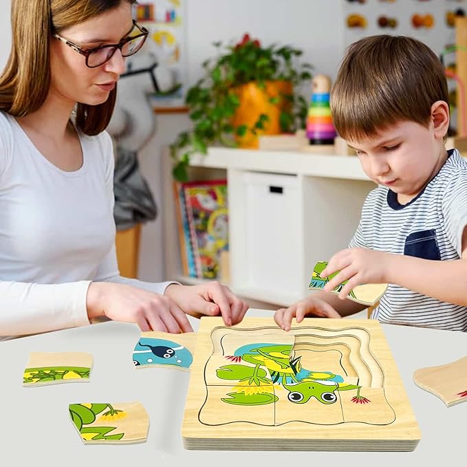 Montessori Wooden Puzzles for Kids Ages 4-8, 4 Layer Life Cycle Jigsaw Puzzle for Toddlers, Children Preschool Learning Educational Puzzles Toys for Boys and Girls (Frog)