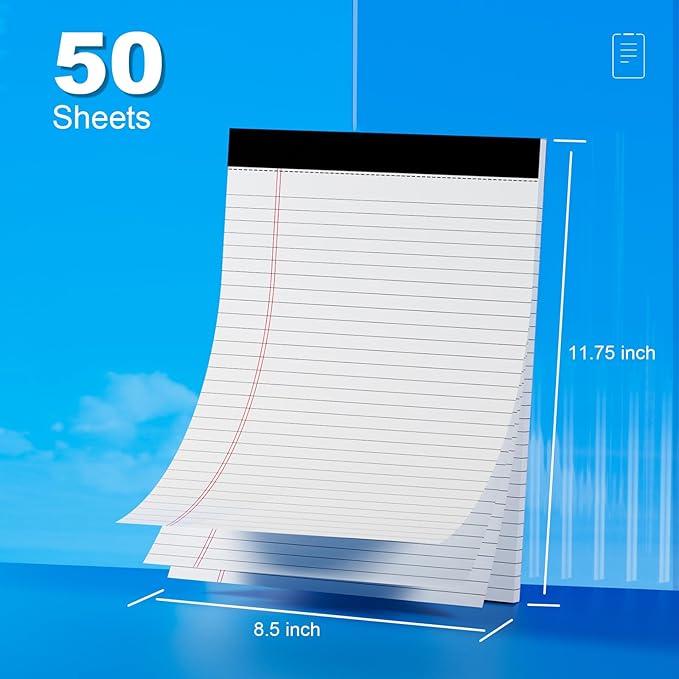 2-Pack Professional Legal Pads 8.5x11 Inches, Wide Ruled White Paper Perforated - 50 Sheets per Pad, Durable for Office, School & Legal Use