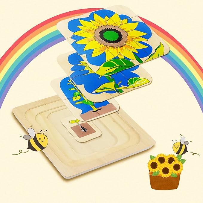 Montessori Wooden Puzzles for Kids Ages 4-8, 4 Layer Life Cycle of Sunflower Jigsaw Puzzle for Toddlers, Children Preschool Learning Educational Puzzles Toys for Boys and Girls (Sunflower)