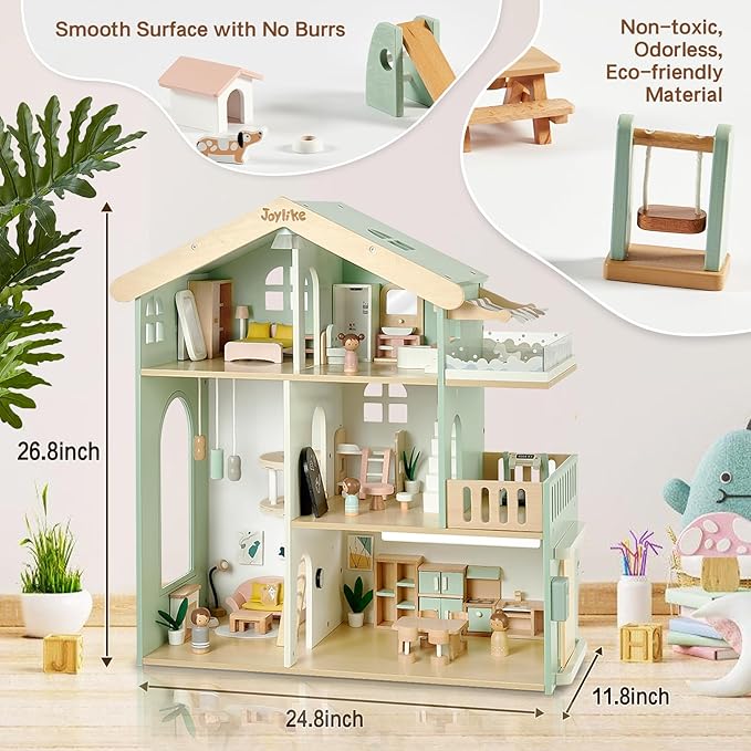 Wooden Dollhouse for Kids, Family Dollhouse with 53PCS Including Toy Figures, Furniture and Accessories, Ideal Gift for Kids Ages 3+