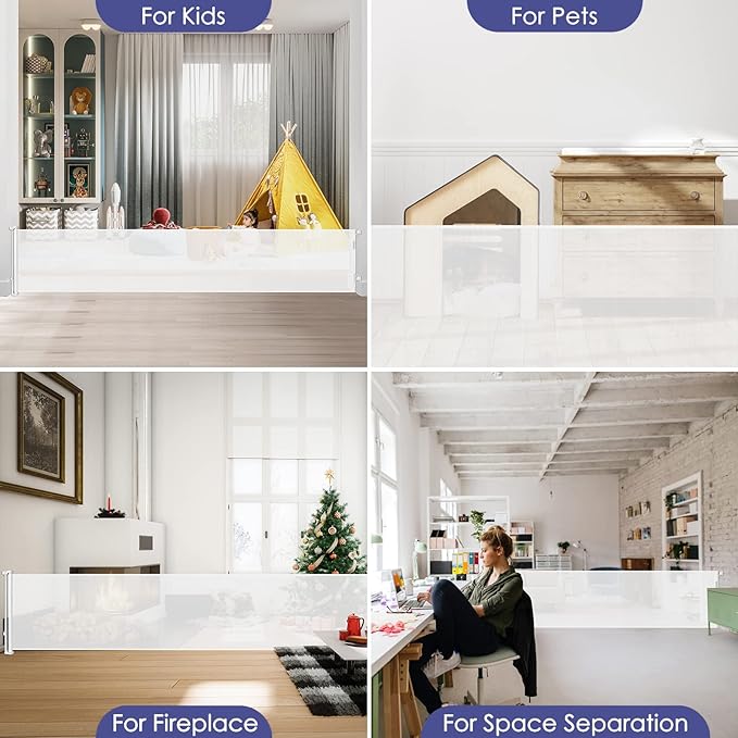 145 Inch Retractable Baby Gates Extra Wide Dog Gate for Extra Wide Openings Retractable Dog Gate Indoor Outdoor Retractable Gate Mesh Baby Gate Extra Long Baby Gate for Stairs, Doorways, White